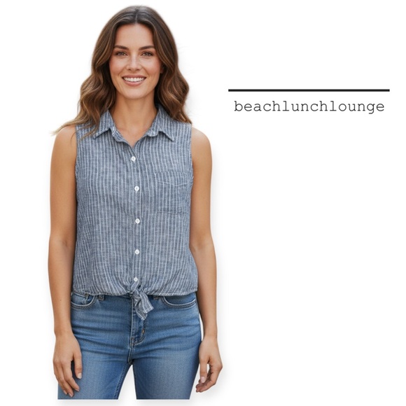 Beachlunchlounge Women's Navy Striped Chambray Linen Sleeveless Shirt Size L - Picture 1 of 13